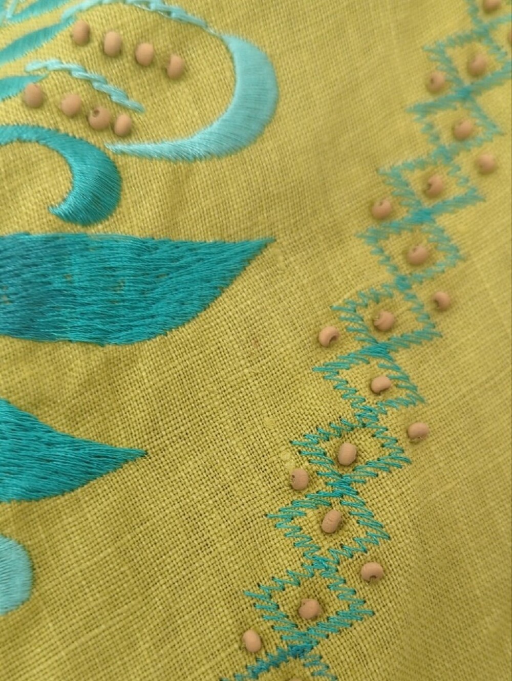 Y2K Sue Wong Linen Spaghetti Strap Dress with Floral Embroidery & Wood Beads - Picture 8 of 17
